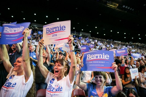 Supporters of presidential candidate Bernie Sanders cheer as he addresses the crowd during his campaign event in Los Angeles on Aug. 10.