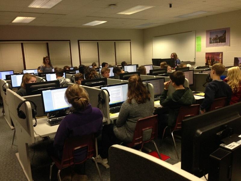 Ms. Kleins fourth hour class uses the new language lab. The language lab was moved in the tech center to be closer to the language classrooms. 