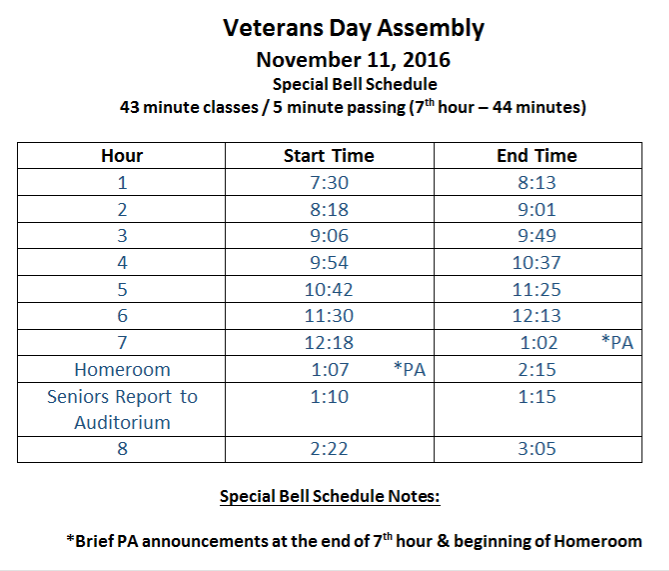 Veterans+Day+special+schedule