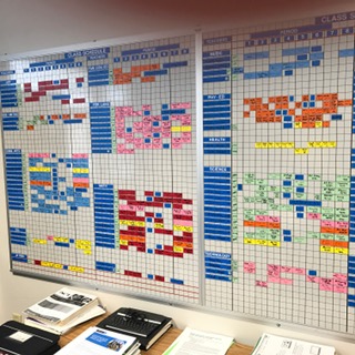 ONE BIG PUZZLE: This white board in Mr. Pynenbergs office shows this years course offerings, the hour they are offered, and who is teaching them. As soon as all course requests are submitted, Pynenberg will begin working on next years course scheduling.