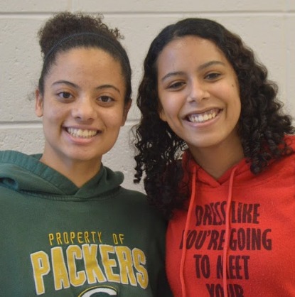 Wearing green and red: Breanna Endter-Tiller and Kyra Carstensen