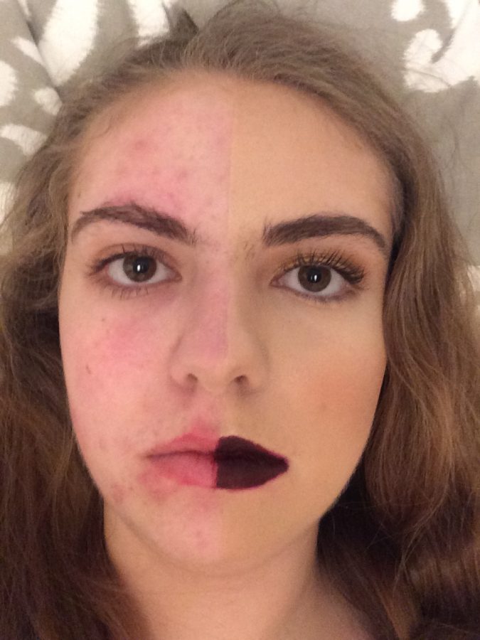Sarah Fleming wears makeup on the right side of her face, and no makeup on the left side of her face